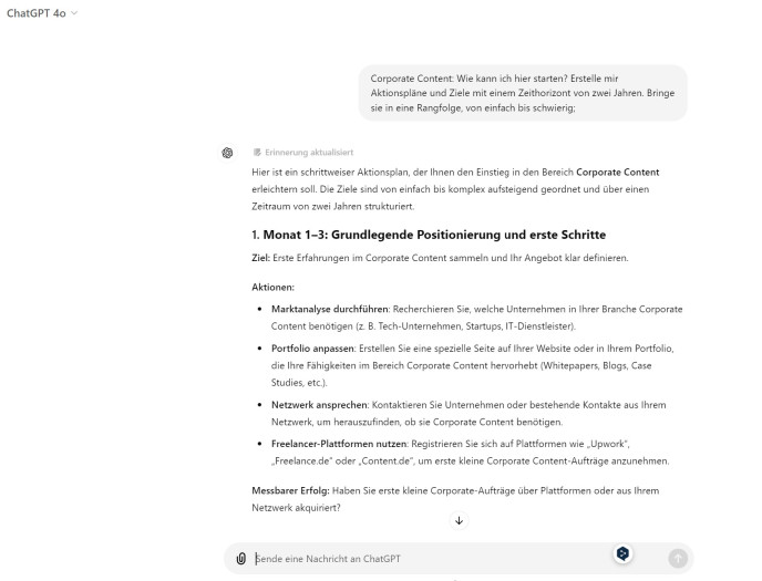 Bei konkreten Fragen und genauen Anweisungen kann ChatGPT aber durchaus nützliche Karriere-Tipps geben.(Screenshot: Nils Matthiesen)
